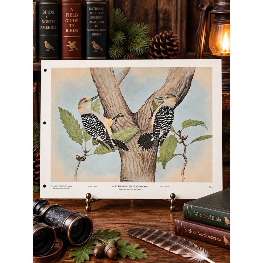 Rex Brasher Gold Fronted Woodpecker Bird Vtg Original Book Plate Wall Art Decor